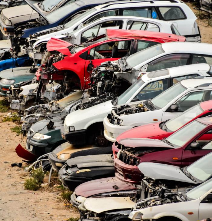 véhicules hors d’usage alignés pour recyclage.